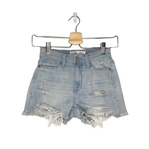 MUDD Distressed Light Wash High Rise Shortie Lace Peekaboo Denim Shorts
